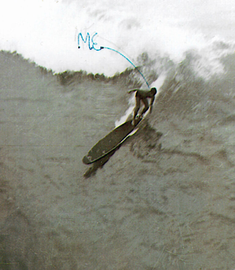 Ted Stevens surfing in Manhattan Beach as a teenager, probably early 1940's. Stevens Foundation photo.