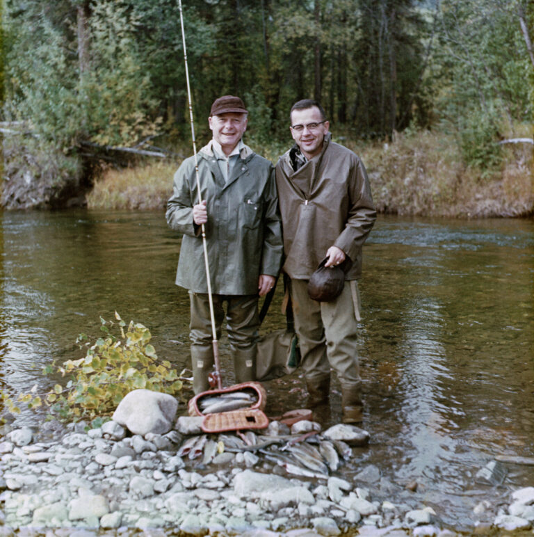 Secretary of the Interior Fred A. Seaton joins Ted Stevens for some fly fishing probably circa 1956-61. This was during the time TS was working for Seaton in the Interior Department. Stevens Foundation photo