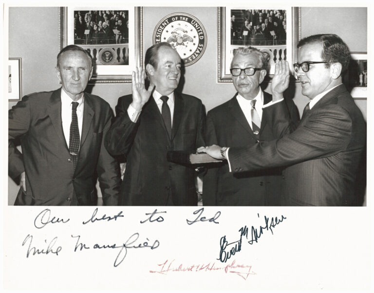 1968-12-24, Ted Stevens, far right, is sworn in by VP Hubert Humphrey, 2nd left, after his appointment to the U.S. Senate seat by Gov. Walter Hickel following Bob Bartlett's death. Stevens was sworn in thirteen days after Bartlett died, and ten days before Sen. Mike Gravel. Mike Mansfield, left, was Senate Majority Leader and Everett Dirkson, 2nd right, was Senate Minority Leader. They autographed the print for the new Senator. Stevens Foundation photo