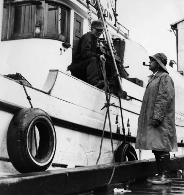 Senator Ted Stevens, right, stops for a chat while visiting the harbor in either Cordova or Ketchikan in the summer of 1970. (Stevens Foundation photo)