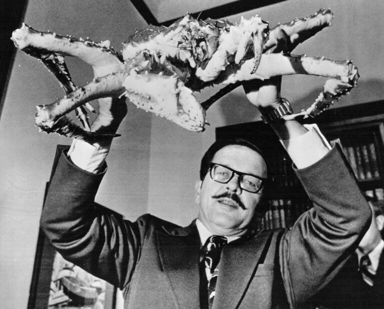 Sen. Ted Stevens holds up a live Alaska king crab as he holds a press conference in Washington D.C on February 7, 1974. He told the press corps he wanted to extend the present 12-mile offshore limit for foreign fishing fleets to 200-miles. AP Photo