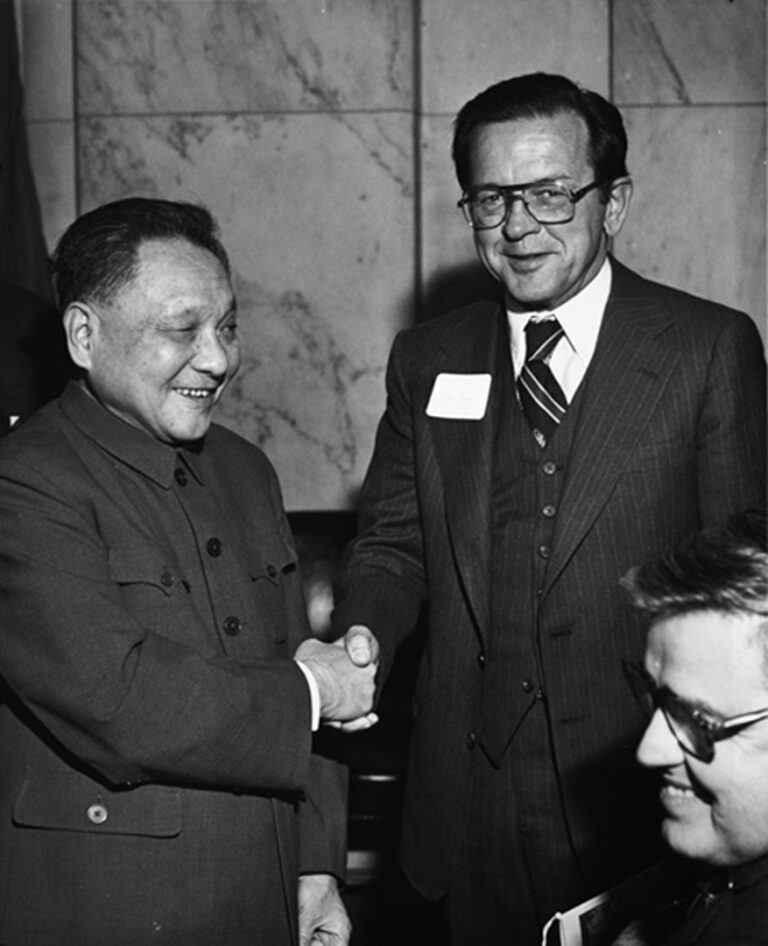 bw, taken 1979-01-30 of Chinese Vice Premier Deng Xiaoping, TS, and Senator Frank Church. From Box 469/565 b folder 8. Digitized 2011.