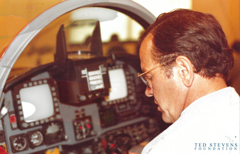 Sen. Ted Stevens in a cockpit of a jet, likely at the Paris Air Show in June 1981. Stevens Foundation photo