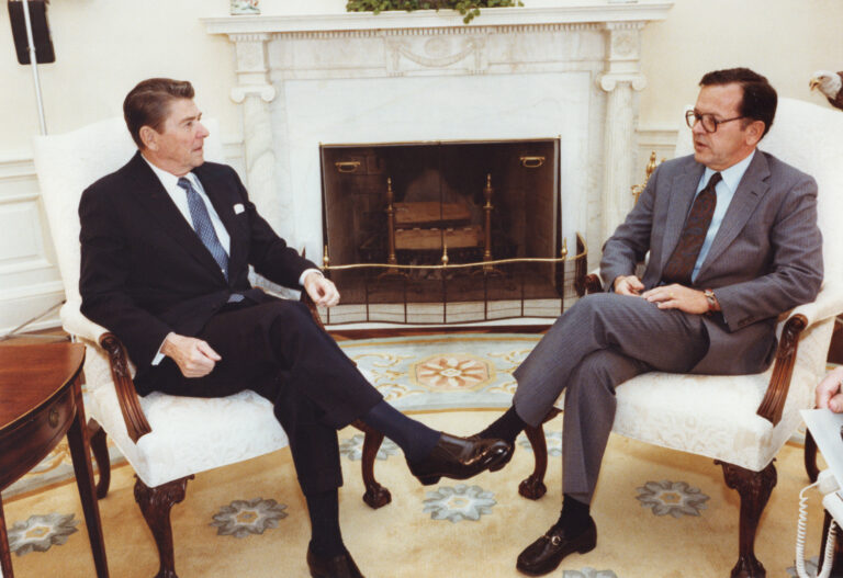 Senator Ted Stevens meets with President Ronald Reagan in the White House on November 22, 1982, to discuss defense spending issues and the MX missile. White House / Stevens Foundation photo