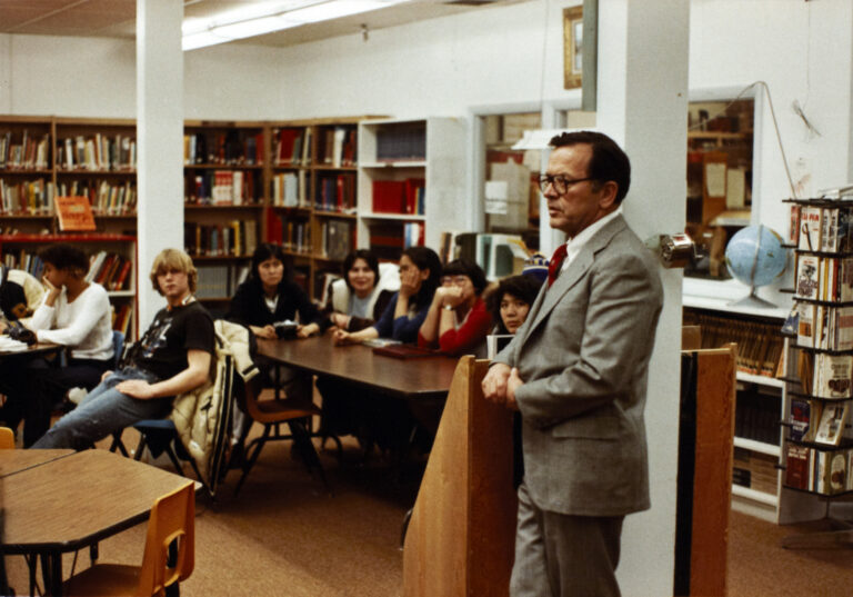 Sen. Ted Stevens addresses high school students on February 9, 1983 in Barrow. (Stevens Foundation photo)