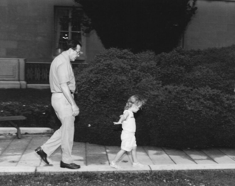 He might be the assistant Majority Leader, but Sen. Ted Stevens knows who's the boss as he follows daughter Lily, while balancing allong a sidewalk in the Russell Courtyard on June 28, 1984. Photo by Tom Flanders / Stevens Foundation