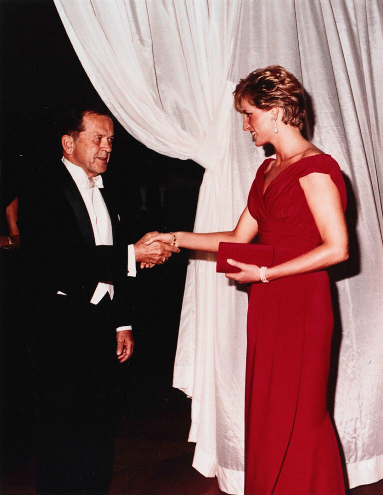 Senator Ted Stevens greets Diana, Princess of Wales at Royal Gala Evening reception on October 4, 1990 in Washington, DC. (Stevens Foundation photo)