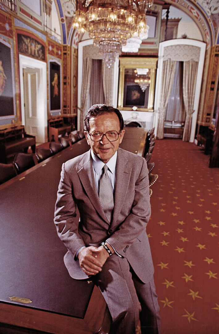 Senator Ted Stevens poses in the Senate Appropriations Committee Room circa late 1990's. Stevens chaired the Senate Appropriations Committee from 1997 to 2005, except for the 18 months when Democrats controlled the chamber. Stevens Foundation photo.