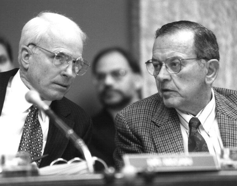 Senators John McCain and Ted Stevens during the March 12, 1998 Commerce Committee markup session. U.S. Senate/Stevens Foundation photo