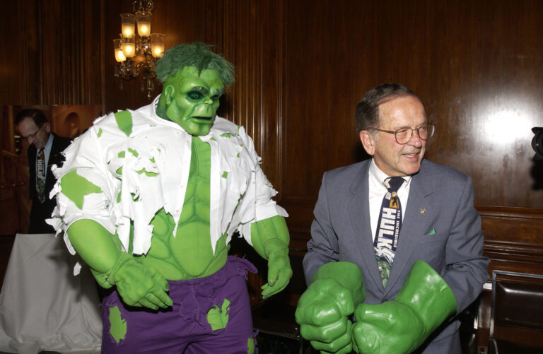 Senator Ted Stevens meets the Incredible Hulk on June 19, 2003. Stevens Foundation photo.