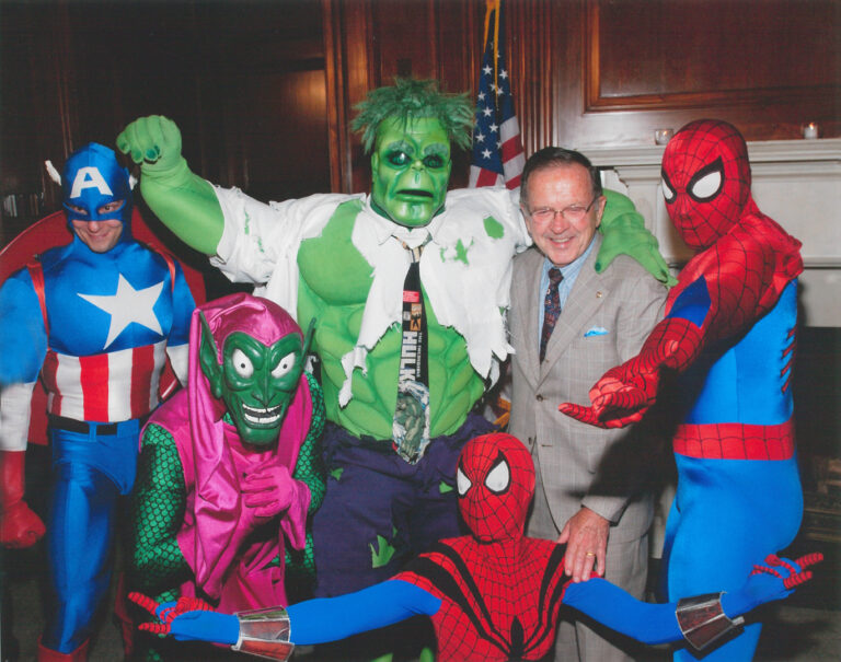 U.S. Sen. Ted Stevens (R-AK) joined Spider-Man, Hulk, Captain America and the Green Goblin, all Marvel Comic characters, to launch 'Internet Safety Super Hereos,' a National education campaign sponsored by Marvel and Wired Safety on Capitol Hill July 13, 2004 in Washington, DC. Stevens Foundation photo