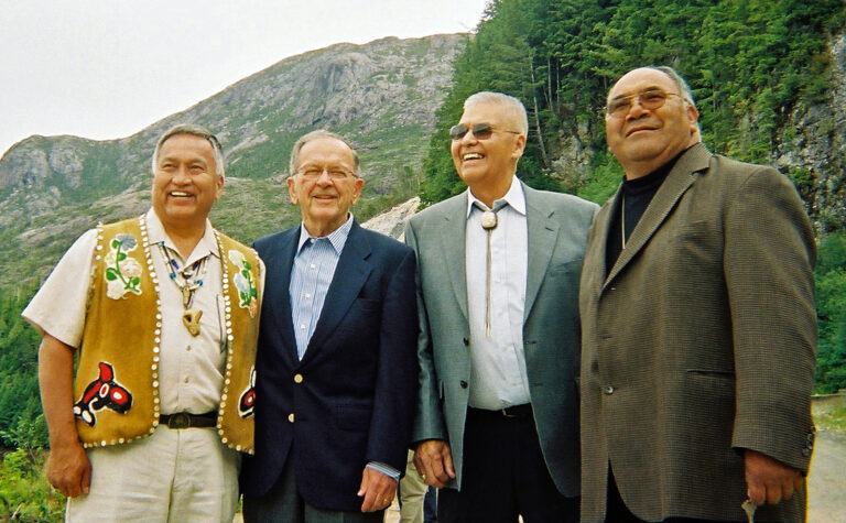 L-r, Mayor of the Ketchikan Borough Joe Williams of Saxman, Sen. Ted Stevens, Solomon Atkinson and Mayor Victor Wellington of Metlakatla at the dedication of the Waldon Point Road in Metlakatla on August 6, 2007. (Stevens Foundation photo)