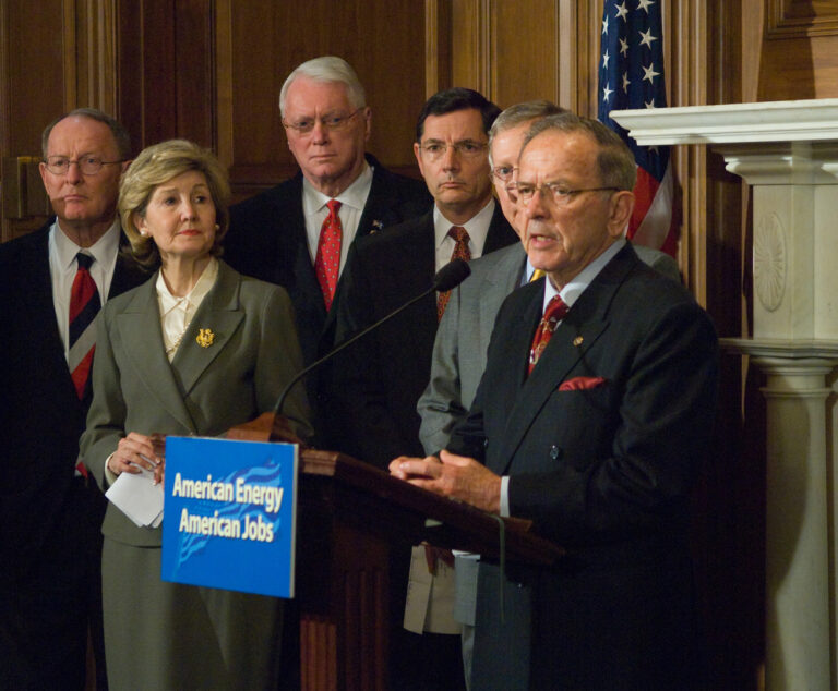 Sourrounded by Republican Senators, l-r, Lamar Alexander (TN), Kay Bailey Hutchison (TX), Jim Bunning (TX), John Barrasso (WY) and Mitch McConnell (KY), Sen. Ted Stevens makes a statement regarding gas prices, energy and jobs in the Capitol on May 1, 2008. U.S. Senate photo/John Klemmer