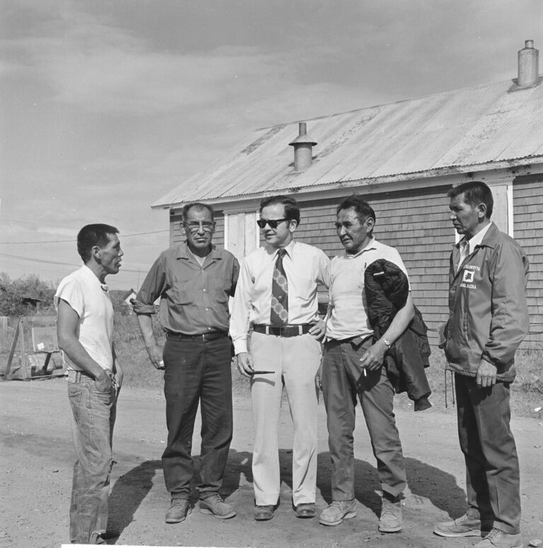 1973-06-16, L to R: Donny Moses, Walter Nicholia, TS, Wilson Titus from Minto and Glenn Butler visit as Native Alaskans from Interior Alaska gather at the biennial Nuchalawoyya celebration in Tanana. (Kathleen 