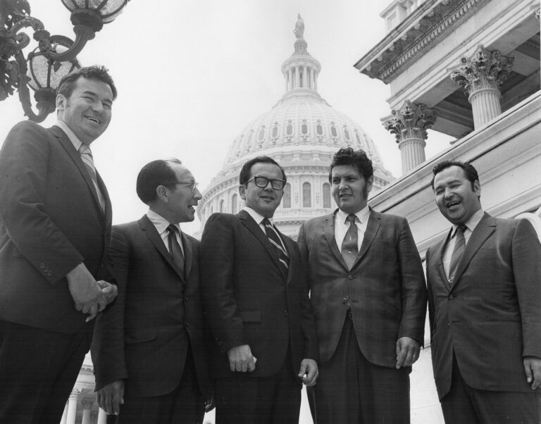 Senator Ted Stevens, center, poses with from L-R, Morris Thompson (BIA), Eben Hopson (AFN), Stevens, John Borbridge (AFN) and Flore Lekanof (D of Interior) on the Capitol steps July 15, 1970, the day S. 1830, the first version of the Alaska Native Land Claims Bill passed in the Senate. (Subsequently, the House did not act on it.) Stevens Foundation photo.