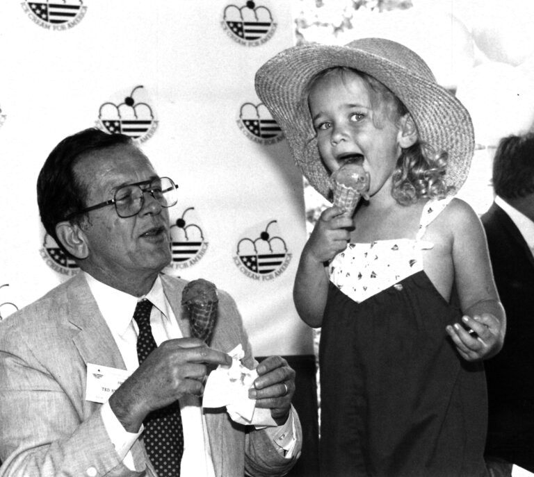 Sen. Ted Stevens and Lily Stevens enjoy ice cream cones at the Ice Cream for America event in July of 1985. (Stevens Foundation photo)